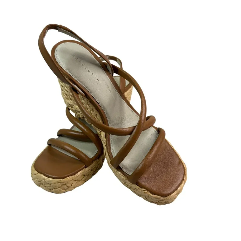 Sanctuary Tan Leather Strappy Wedge Sandals Size 8.5M | NWT $129 | Wedge Heels